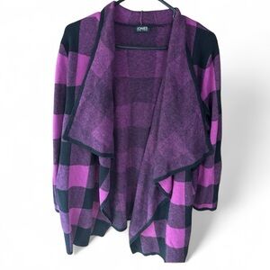 Jones New York Open Front Cardigan – Purple & Black Plaid (Large)